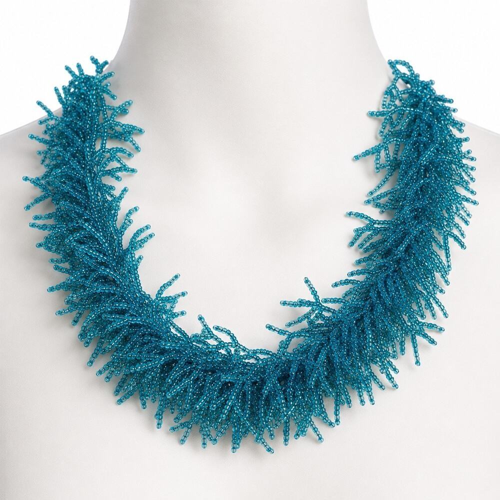 Aqua Blue Seed Bead Statement Choker Necklace 16–17”